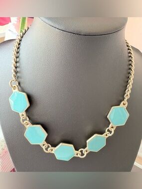 Vintage Double Sided Hexagon Charm Gold Tone Necklace in Yellow and Teal 16”